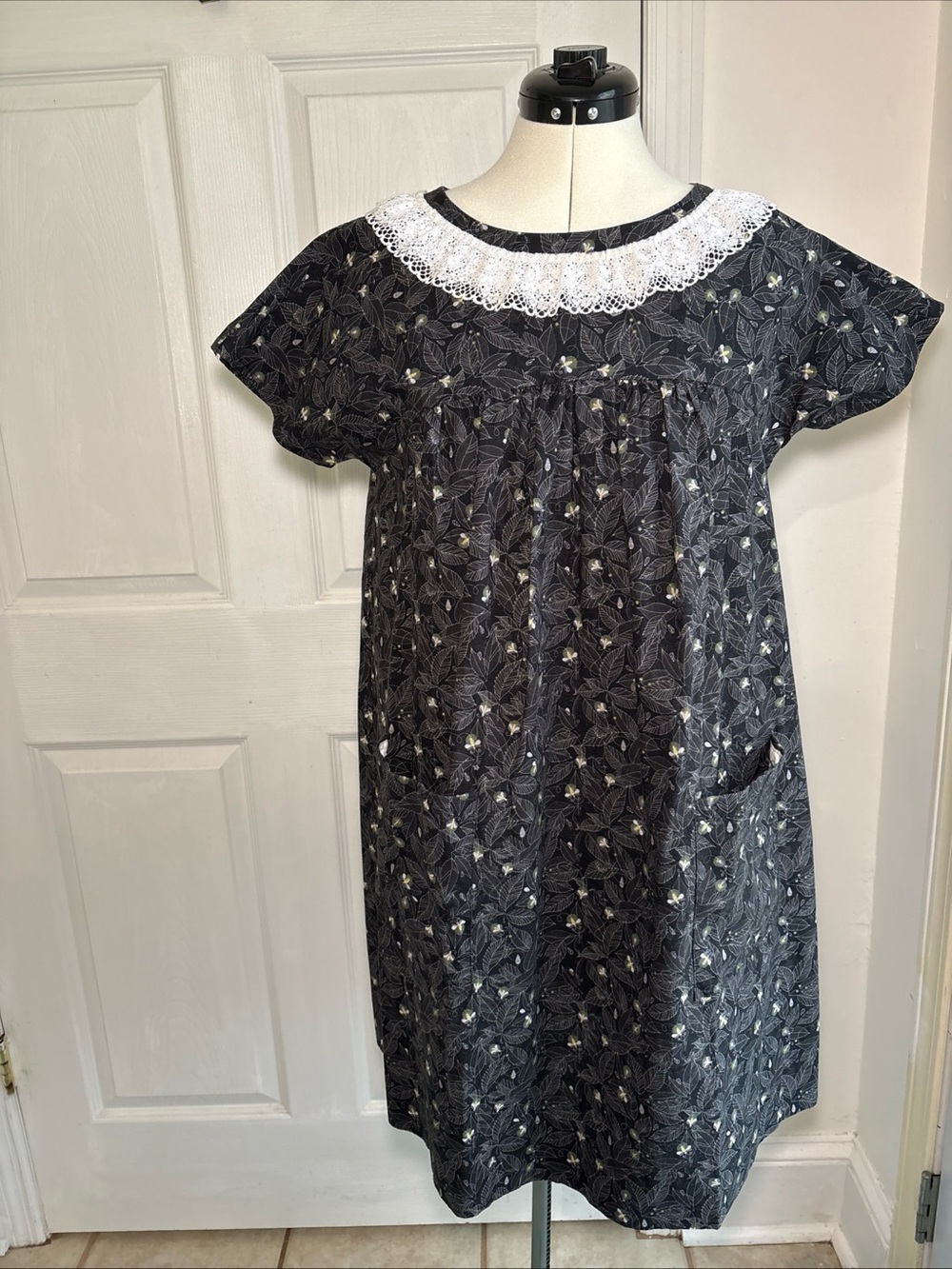 Black Floral Midi Dress with White Lace Collar